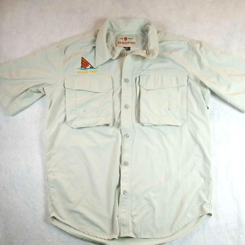 Redington Men's Medium Vented Fishing Beige Honor First Nylon Short Sleeve Shirt